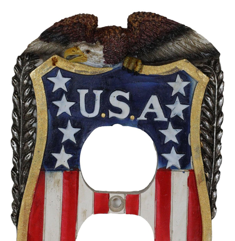 Patriotic Bald Eagle On USA Flag Crest Wall Double Receptacle Outlet Plates Set
