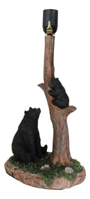 Rustic Black Mother Bear Watching Over Cub Climbing On Tree Trunk Table Lamp