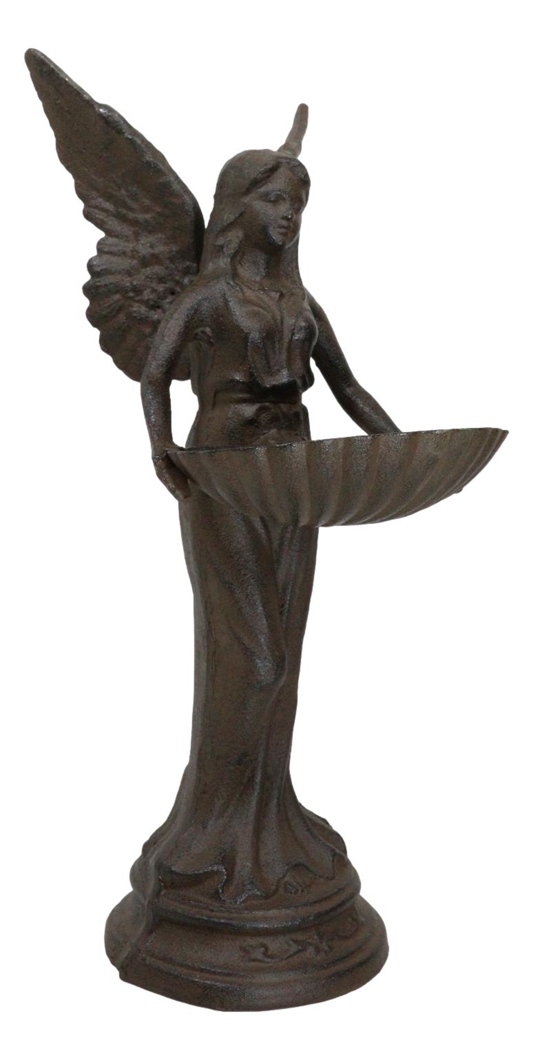 Rustic Cast Iron Gabriel Angel Holding Shell Garden Bird Feeder Bath 15.5"H