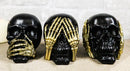 Set Of 3 Gothic Black See Hear Speak No Evil Skulls Gold Bone Hands Figurines