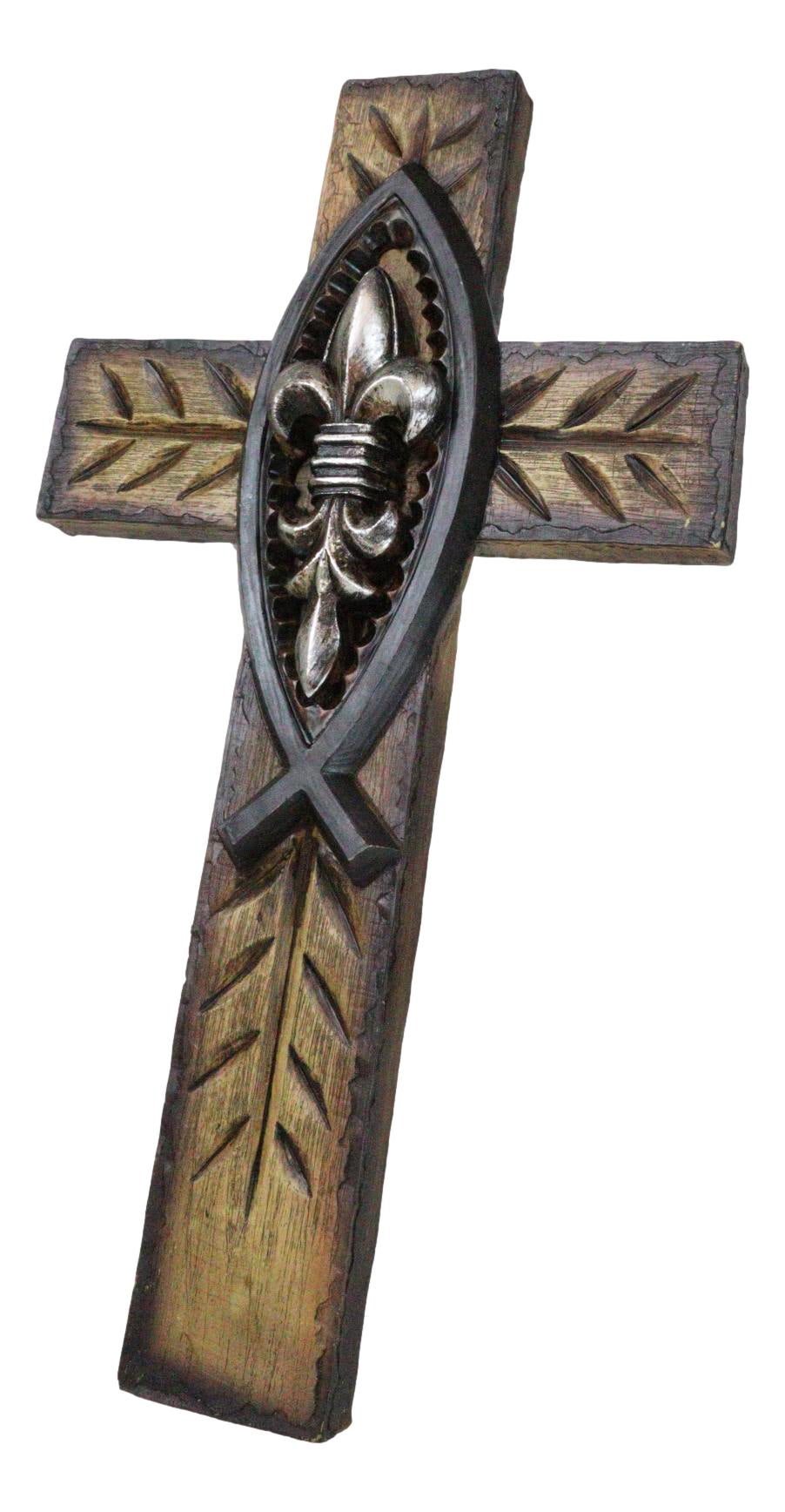 Rustic Ichthys Jesus Fish With Fleur De Lis Olive Carving Faux Wood Wall Cross