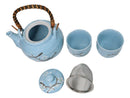 Blue Japanese Sakura Cherry Blossom Ceramic Tea Pot And 2 Cups Set Bamboo Handle