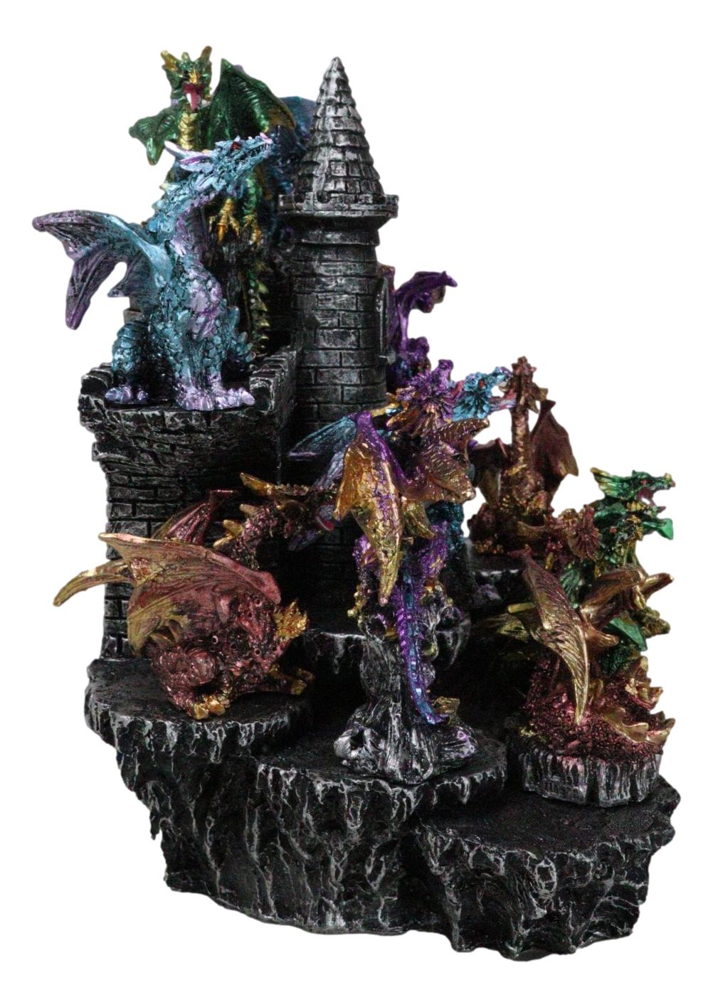 Medieval Colorful 12 Mini Dragons On Mountain Stonewall Castle Display Stand Set