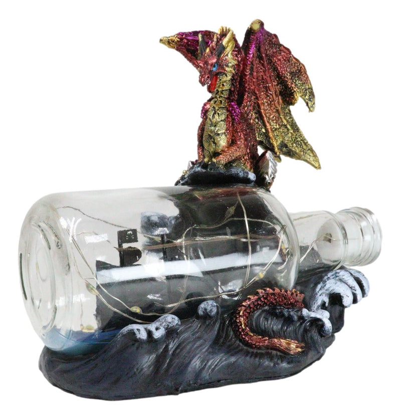 Red Gold Dragon On Ocean Waves Rock With Ship Trapped in LED Bottle Figurine