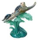 Marine Blue Shelled Sea Turtle Mother and Hatchling Swimming With Waves Figurine