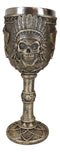 Native Indian Tribal Chief Skull With Roach Headdress And Axes Wine Goblet