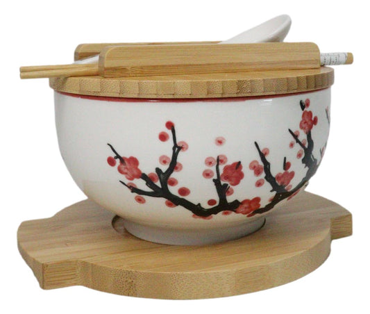 White Ume Plum Blossoms Donburi Ramen Bowl With Lid Trivet Spoon Chopsticks Set