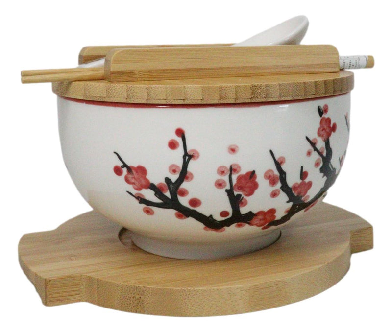 White Ume Plum Blossoms Donburi Ramen Bowl With Lid Trivet Spoon Chopsticks Set
