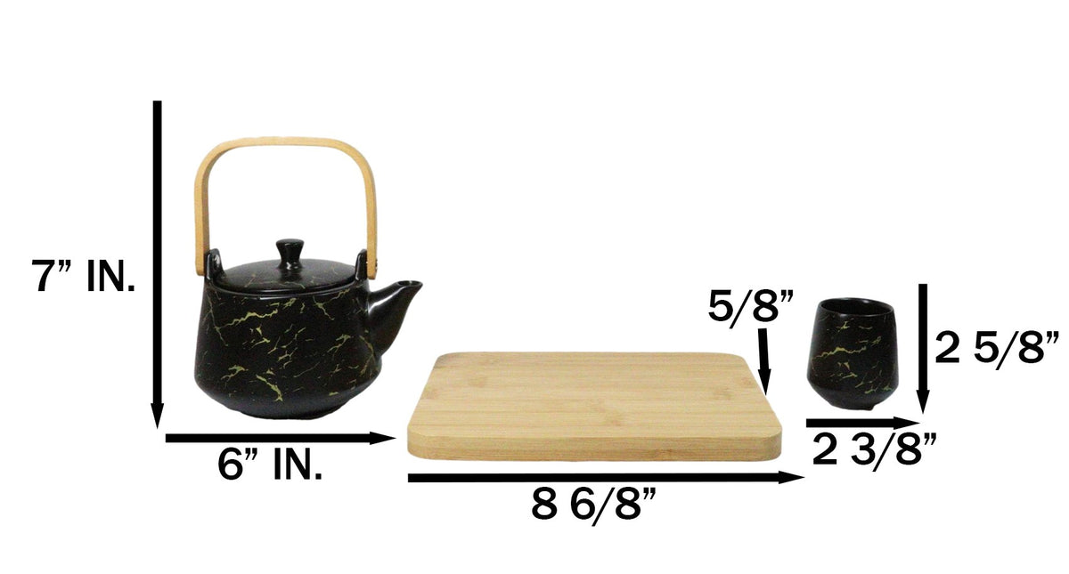 Black Marble Vein Porcelain 22oz Teapot And 2 Tea Cups With Bamboo Tray Set