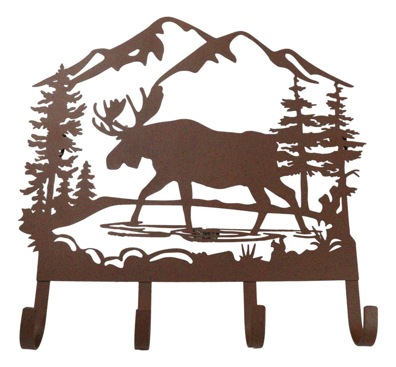 Rustic Western Moose Deer By Pine Forest Mountain 4-Peg Wooden Wall Hooks Plaque
