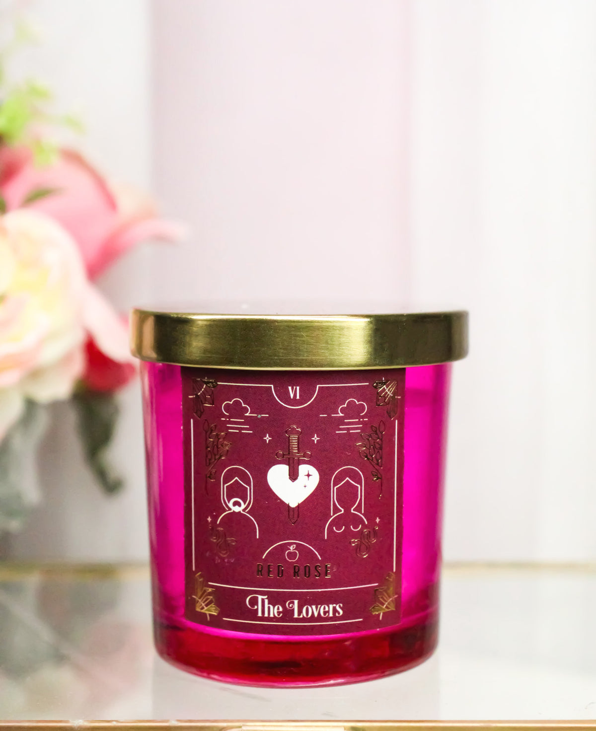 Wicca Witchcraft Mystic Tarot The Lovers Red Rose Scented Pillar Candle Gold Lid