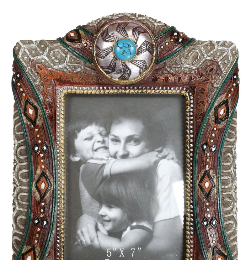 Rustic Southwest Silver Concho Turquoise Gem Tribal Patterns Picture Frame 5"X7"