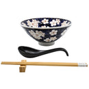 White Ume Plum Flowers Ceramic Ramen Bowl Soup Spoon Chopsticks And Rest Set