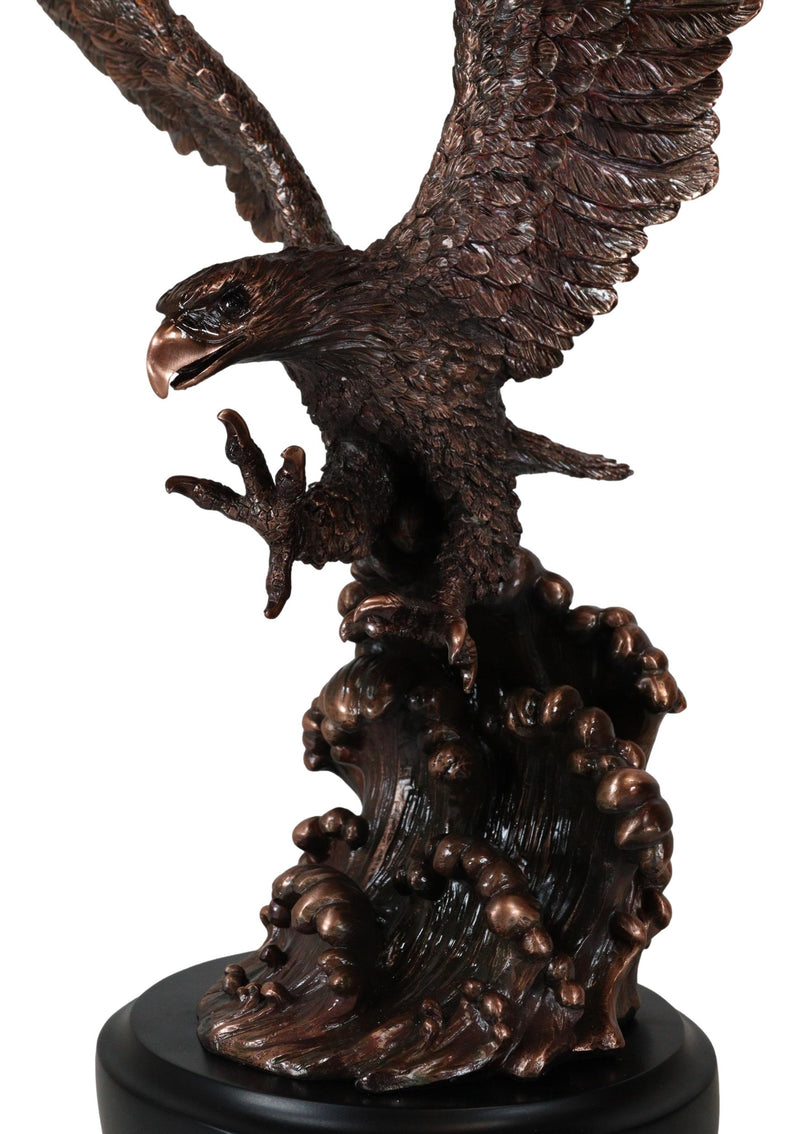 Patriotic Bald Eagle Swooping Into Ocean Waves Bronzed Resin Figurine With Base