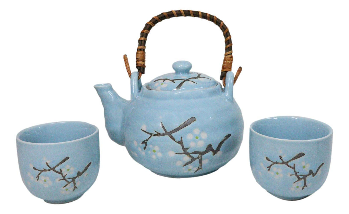 Blue Japanese Sakura Cherry Blossom Ceramic Tea Pot And 2 Cups Set Bamboo Handle