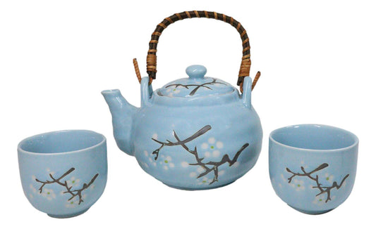 Blue Japanese Sakura Cherry Blossom Ceramic Tea Pot And 2 Cups Set Bamboo Handle