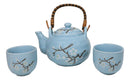 Blue Japanese Sakura Cherry Blossom Ceramic Tea Pot And 2 Cups Set Bamboo Handle