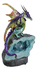 Green Purple and Gold Earth Dragon On LED Faux Geode Crystals Rock Figurine