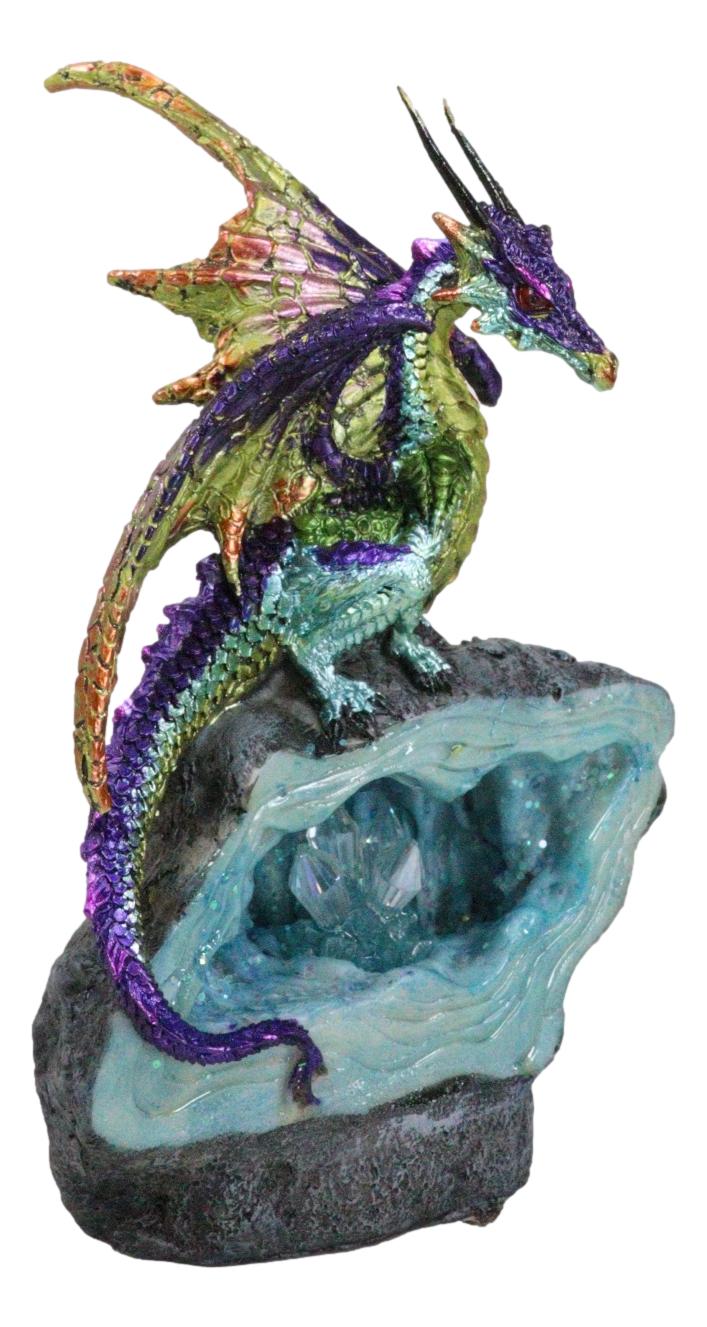 Green Purple and Gold Earth Dragon On LED Faux Geode Crystals Rock Figurine