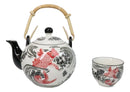 Red Black Koi Fish Porcelain 30oz Teapot With Bamboo Handle And 4 Tea Cups Set