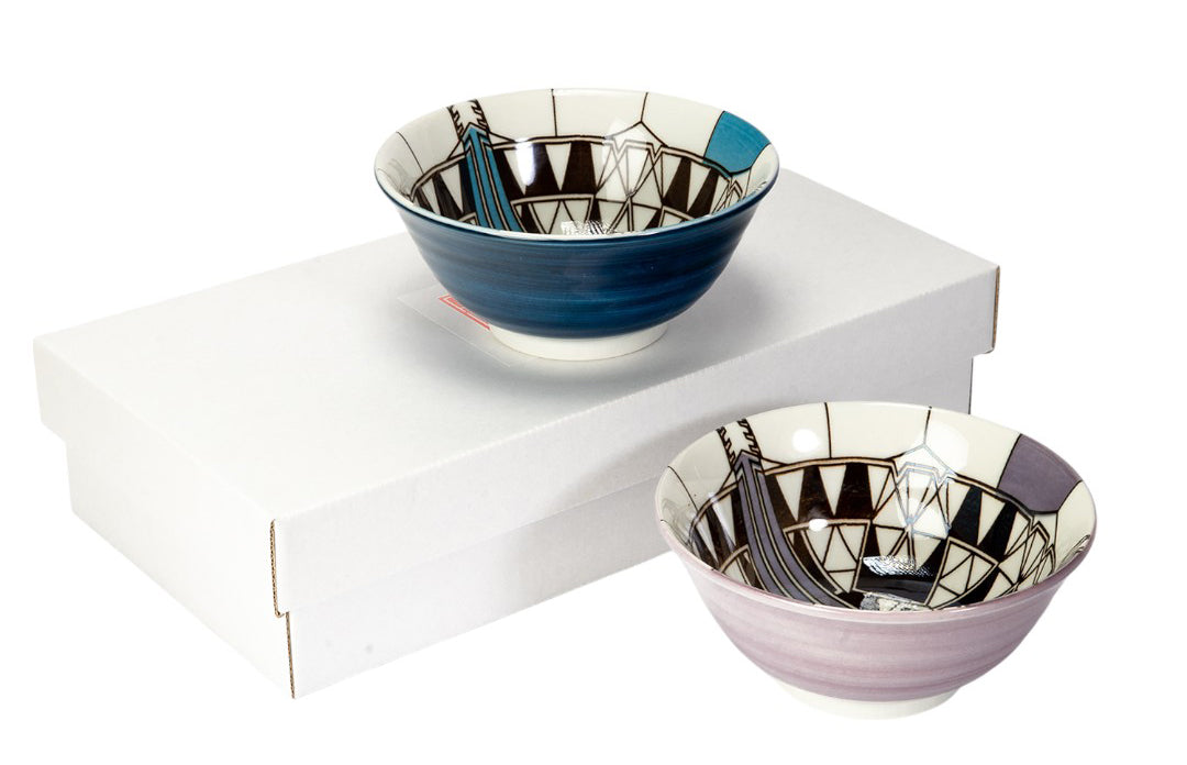 Pack Of 2 Made In Japan FLW Imperial Hotel Peacock Blue And Purple Bowls 18oz