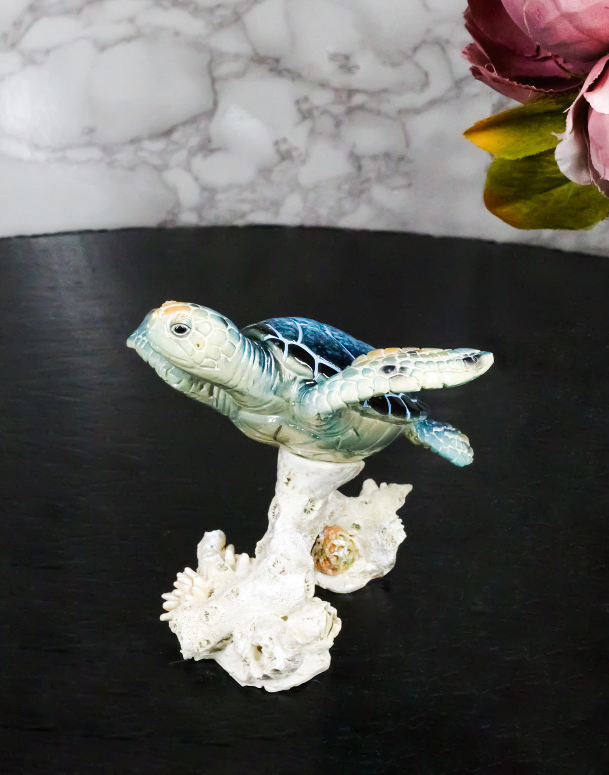 Ebros Sea Turtle Blue Shell Swimming Over Coral Reef Resin Figurine 4.25"H