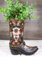 Southwest Turquoise Feathers Cow Skull Crossed Arrows Cowboy Boot Vase Holder
