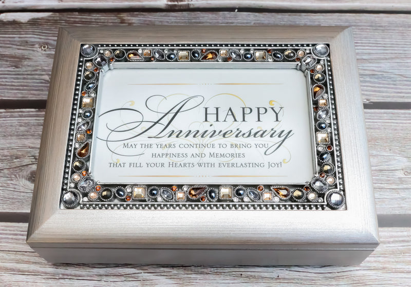 Happy Anniversary Polycast Brushed Pewter Crystal Gemstones Musical Trinket Box