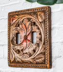 Set of 2 Western Tooled Floral Lace Faux Wood Wall Double Toggle Switch Plates