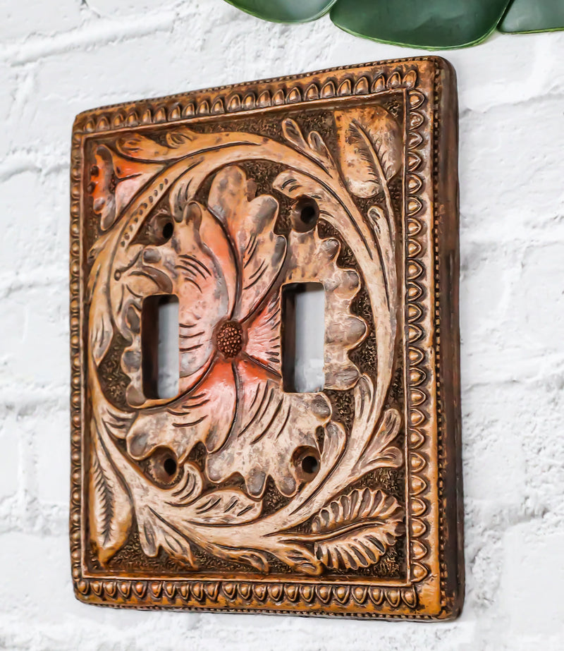 Set of 2 Western Tooled Floral Lace Faux Wood Wall Double Toggle Switch Plates
