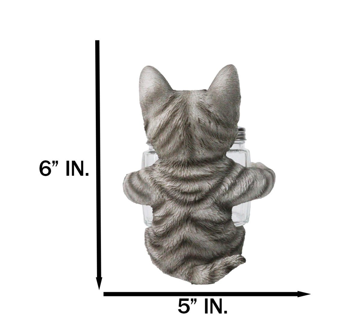 Gray Tabby Cat Salt and Pepper Glass Shakers Holder Set Cute Kitten Figurine