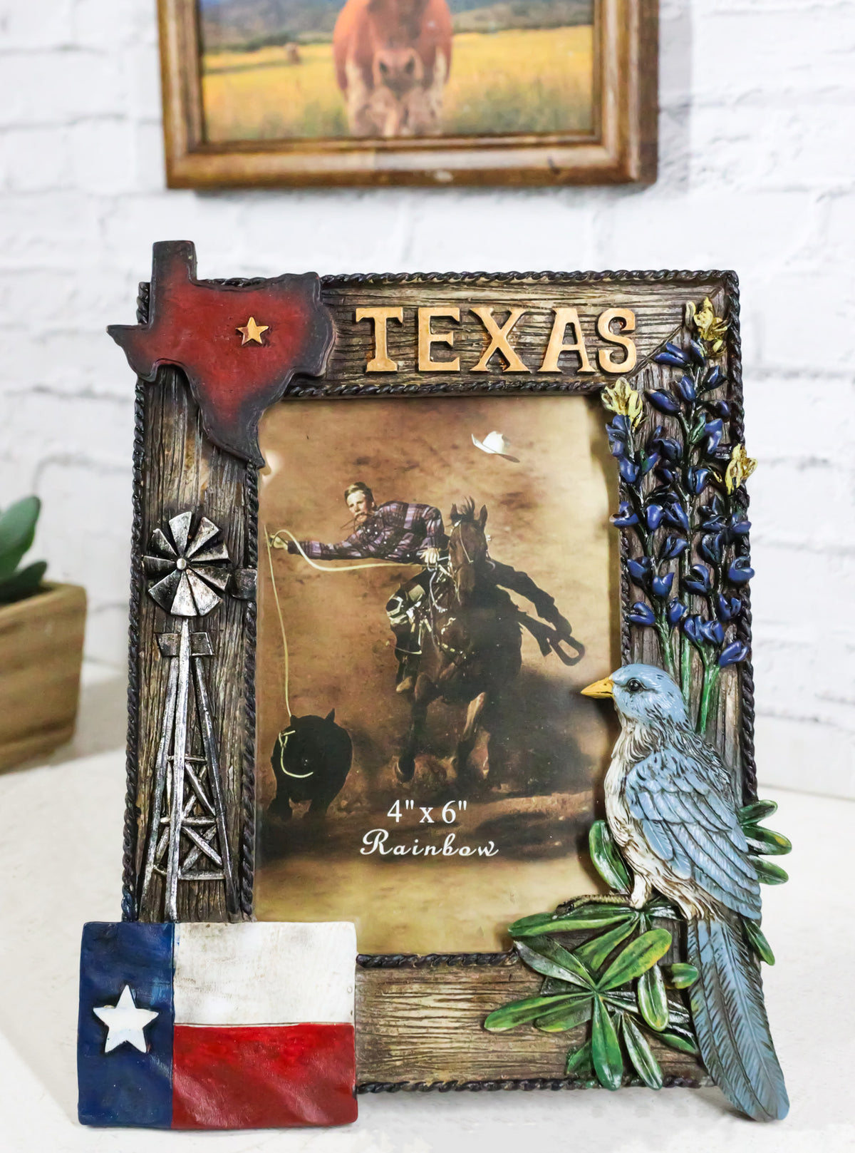 Rustic Western Patriotic Texas Mockingbird Windmill Bluebonnets Picture Frame - Ebros Gift