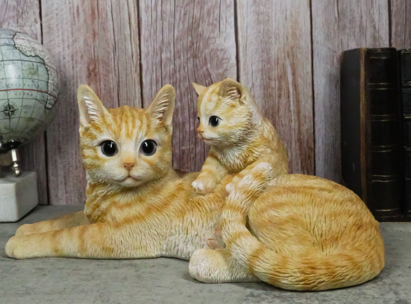 Realistic Curious Feline Orange Tabby Cat Mother with Cute Kitten Figurine 12"L