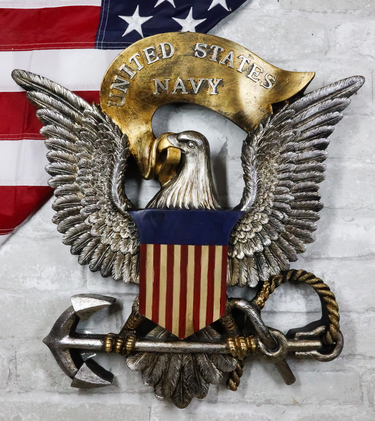 Patriotic United States Navy Bald Eagle Flag Crest Ship Anchor Wall Decor Plaque
