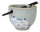 Twin Lucky Cats Japanese Maneki Neko Ceramic Ramen Soup Bowl With Chopsticks Set