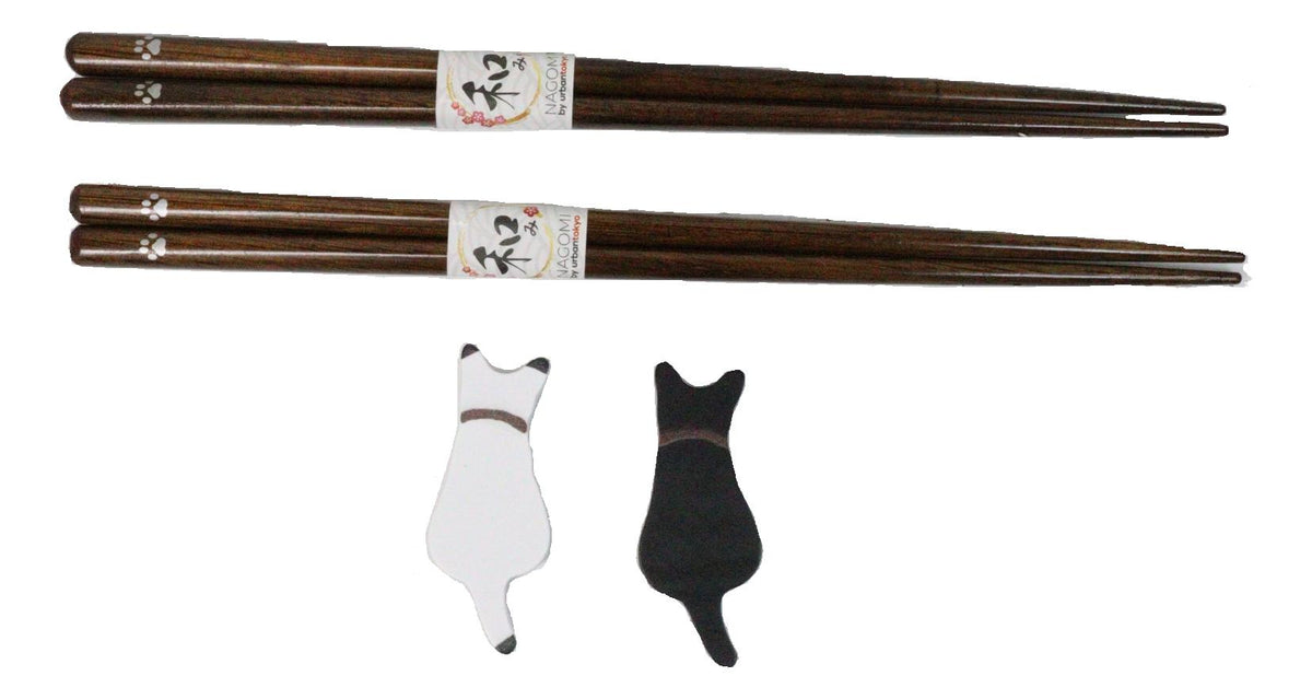 Black And White Feline Cats With Tails Set of 2 Chopsticks And Wooden Rests Set