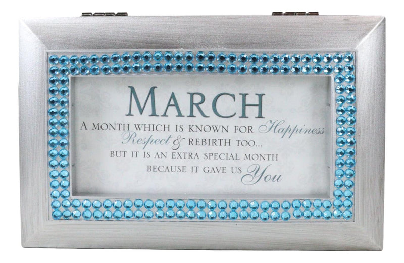 March Aquamarine Happiness Respect Birthstones Silver Tone Musical Trinket Box