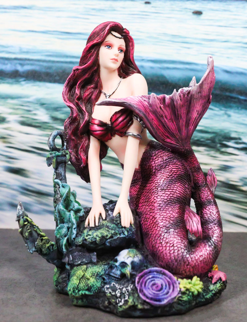 Siren Mermaid Sitting By Sunken Ship Anchor Skull Corals Ocean Graveyard Statue