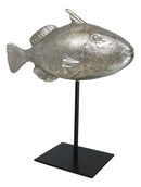 Nautical Marine Silver Tone Clown Triggerfish Fish Sculpture On Metal Pole Stand