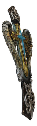 Rustic Tuscany Fleur De Lis Silver Scroll Angel Wings Turquoise Stone Wall Cross