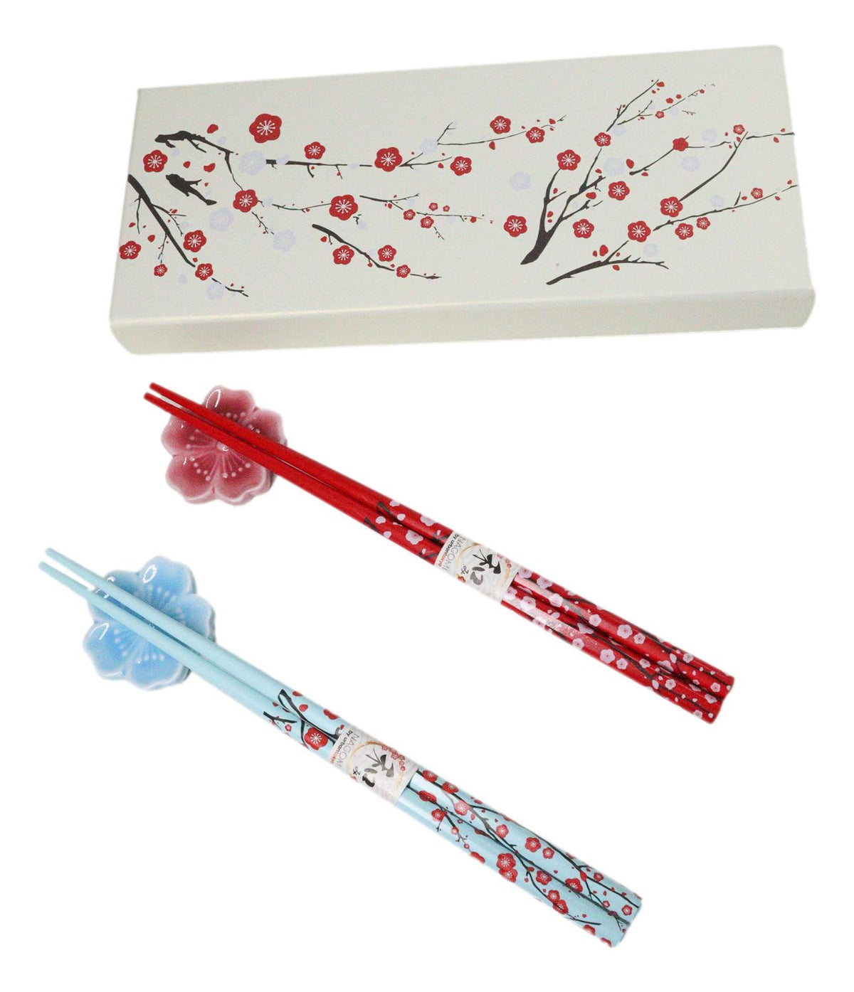Red Blue Sakura Cerry Blossoms Flowers Set of 2 Chopsticks And Ceramic Rests Set