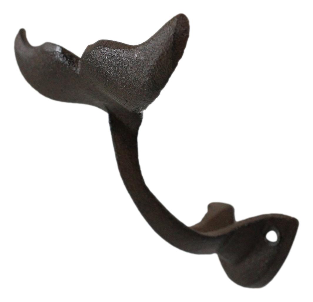 Set of 2 Cast Iron Nautical Baleen Blue Whale Tail Wall Coat Hooks Rust Bronze