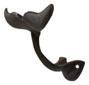 Set of 2 Cast Iron Nautical Baleen Blue Whale Tail Wall Coat Hooks Rust Bronze