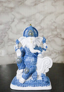 Blue & White Ganesha Statue with Mushak, 8.5-Inch Hindu God Seated on Throne