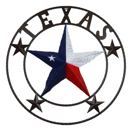 Oversized 40"D Vintage Rustic Western Texas Star Metal Wall Circle Sign Plaque