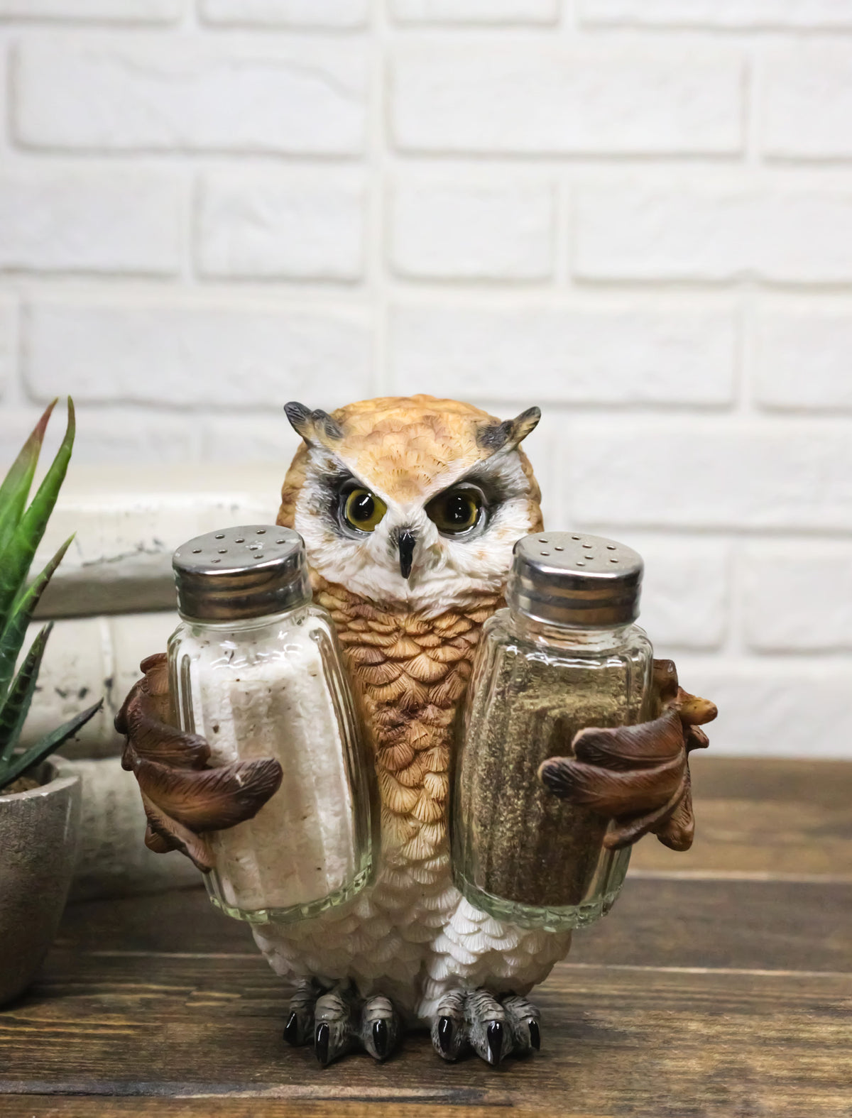 Brown Great Horned Owl Salt and Pepper Shaker Holder Set with Glass Shakers