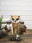 Brown Great Horned Owl Salt and Pepper Shaker Holder Set with Glass Shakers