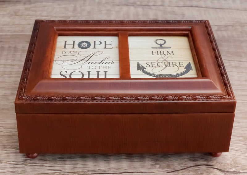 Hope Is An Anchor To The Soul Polished Rope Trimmed Burlwood Musical Trinket Box