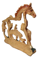 Rustic Western Running Horse Faux Wood Sculpture with Cowboy Riding Bronco