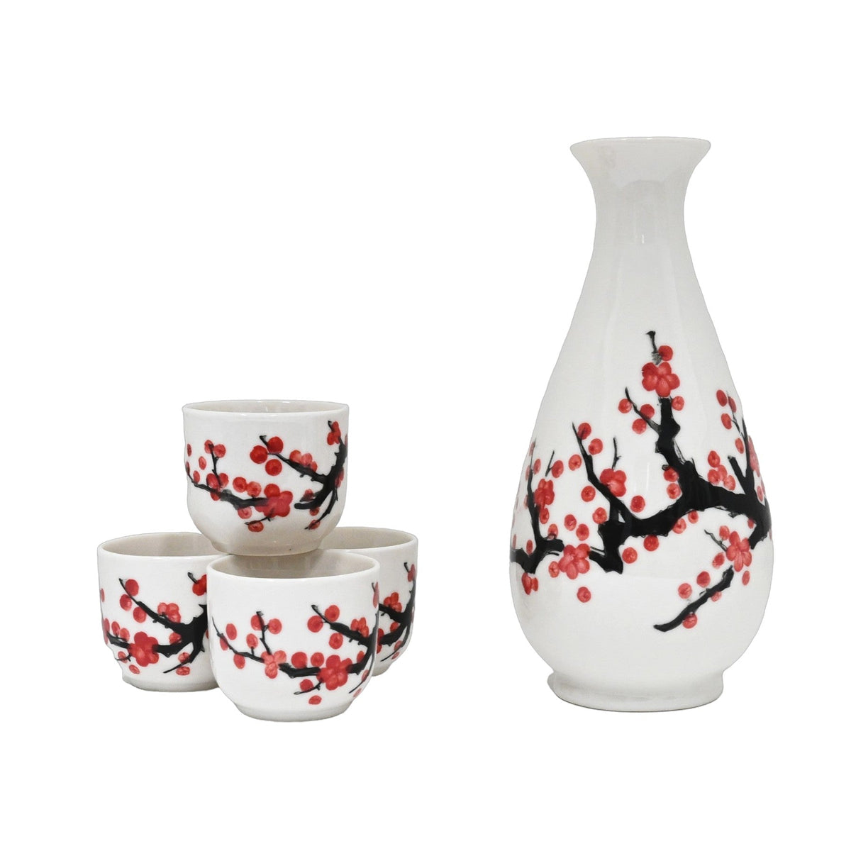 White Pink Sakura Cherry Blossom Porcelain Sake Flask And 4 Ochoko Cups Set
